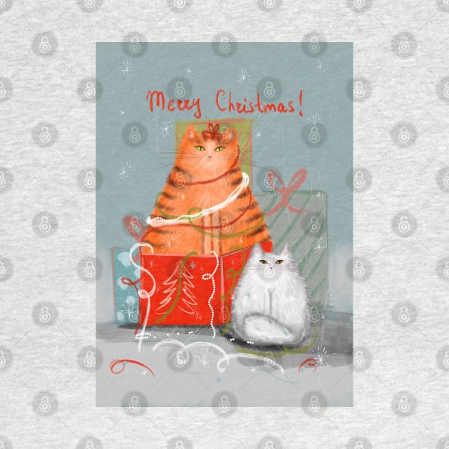 Merry Christmas greeting winter card with cute fluffy cats in red Santa hats and scarves. by Olena Tyshchenko